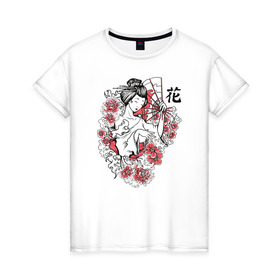 Женская футболка хлопок с принтом Гейша в Кировске, 100% хлопок | прямой крой, круглый вырез горловины, длина до линии бедер, слегка спущенное плечо | иллюстрация | рисунок | сакура | цветы | япония