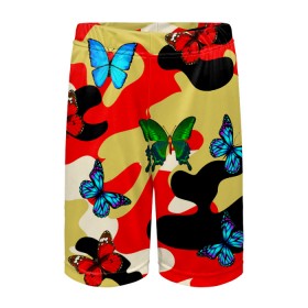 Детские спортивные шорты 3D с принтом Камуфляжные бабочки в Кировске,  100% полиэстер
 | пояс оформлен широкой мягкой резинкой, ткань тянется
 | Тематика изображения на принте: бабочки | камуфляж | камуфляжные бабочки | хаки