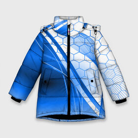 Зимняя куртка для девочек 3D с принтом ABSTRACT BLUE в Кировске, ткань верха — 100% полиэстер; подклад — 100% полиэстер, утеплитель — 100% полиэстер. | длина ниже бедра, удлиненная спинка, воротник стойка и отстегивающийся капюшон. Есть боковые карманы с листочкой на кнопках, утяжки по низу изделия и внутренний карман на молнии. 

Предусмотрены светоотражающий принт на спинке, радужный светоотражающий элемент на пуллере молнии и на резинке для утяжки. | abstraction | geometry | hexagon | neon | paints | stripes | texture | triangle | абстракция | брызги | геометрия | краски | неон | неоновый | соты | текстура