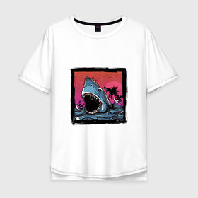 Мужская футболка хлопок Oversize с принтом White Shark в Кировске, 100% хлопок | свободный крой, круглый ворот, “спинка” длиннее передней части | белая акула | животные | зубы | лето | море | опасный | пальмы | пляж | природа | ретро | рыба | хищник | челюсть | чудовище