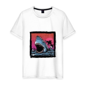 Мужская футболка хлопок с принтом White Shark в Кировске, 100% хлопок | прямой крой, круглый вырез горловины, длина до линии бедер, слегка спущенное плечо. | Тематика изображения на принте: белая акула | животные | зубы | лето | море | опасный | пальмы | пляж | природа | ретро | рыба | хищник | челюсть | чудовище