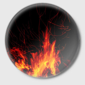 Значок с принтом Ночной костер в лесу в Кировске,  металл | круглая форма, металлическая застежка в виде булавки | дрова | искры | ночь | огонь