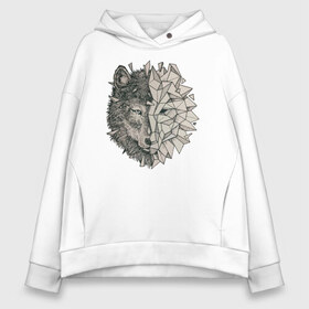 Женское худи Oversize хлопок с принтом Geometric Wolf в Кировске, френч-терри — 70% хлопок, 30% полиэстер. Мягкий теплый начес внутри —100% хлопок | боковые карманы, эластичные манжеты и нижняя кромка, капюшон на магнитной кнопке | volf | волк