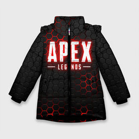 Зимняя куртка для девочек 3D с принтом APEX LEGENDS в Кировске, ткань верха — 100% полиэстер; подклад — 100% полиэстер, утеплитель — 100% полиэстер. | длина ниже бедра, удлиненная спинка, воротник стойка и отстегивающийся капюшон. Есть боковые карманы с листочкой на кнопках, утяжки по низу изделия и внутренний карман на молнии. 

Предусмотрены светоотражающий принт на спинке, радужный светоотражающий элемент на пуллере молнии и на резинке для утяжки. | Тематика изображения на принте: apex | apex legends | battle | battle royal | bloodhound | titanfall | wraith | апекс | апекс легендс | батл рояль | битва | война | каустик | королевская битва