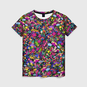 Женская футболка 3D с принтом Мистические цветы в Кировске, 100% полиэфир ( синтетическое хлопкоподобное полотно) | прямой крой, круглый вырез горловины, длина до линии бедер | букет | клумба | листья | луг | паттерн | психоделика | растения | узор | цветок | цветочки | цветы