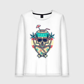 Женский лонгслив хлопок с принтом Skull Summer в Кировске, 100% хлопок |  | art | cocktail | palm | skull | surfboards | umbrella | арт | доски для серфинга | зонтик | коктейль | пальмы | череп