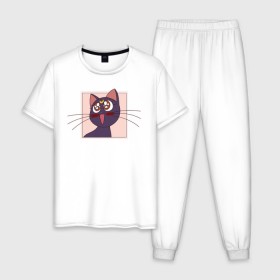 Мужская пижама хлопок с принтом Luna, Sailor Moon в Кировске, 100% хлопок | брюки и футболка прямого кроя, без карманов, на брюках мягкая резинка на поясе и по низу штанин
 | Тематика изображения на принте: 90s | cat | cute | kawaii | kitty | luna | sailor moon | usagi tsukino | аниме | каваии | кавай | кот | котики | луна | манга | марс | меркурий | милота | сейлор | сейлор мун | усаги цукино