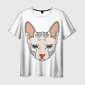 Мужская футболка 3D с принтом Сфинкс в Кировске, 100% полиэфир | прямой крой, круглый вырез горловины, длина до линии бедер | арт | животные | картинка | лысая кошка | лысый кот | мультяшный принт | нарисованная кошка | нарисованный кот | принт | рисунок | сфинкс