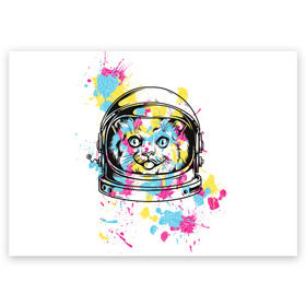 Поздравительная открытка с принтом Кот в скафандре в Кировске, 100% бумага | плотность бумаги 280 г/м2, матовая, на обратной стороне линовка и место для марки
 | арт | в космосе | животные | картинка | кляксы | космос | кот | кошка | принт | рисунок | скафандр | цветное