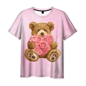 Мужская футболка 3D с принтом Плюшевый медведь с сердечком в Кировске, 100% полиэфир | прямой крой, круглый вырез горловины, длина до линии бедер | Тематика изображения на принте: арт | животные | картинка | медвежонок | мишка | плюшевый медведь | рисунок | розовые цветы | розочки | розы | сердечко | сердце | сердце из роз | цветы
