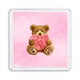 Магнит 55*55 с принтом Плюшевый медведь с сердечком в Кировске, Пластик | Размер: 65*65 мм; Размер печати: 55*55 мм | арт | животные | картинка | медвежонок | мишка | плюшевый медведь | рисунок | розовые цветы | розочки | розы | сердечко | сердце | сердце из роз | цветы