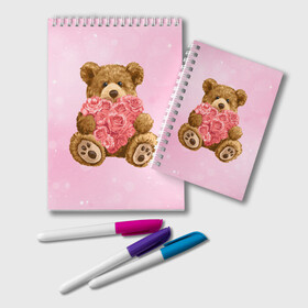 Блокнот с принтом Плюшевый медведь с сердечком в Кировске, 100% бумага | 48 листов, плотность листов — 60 г/м2, плотность картонной обложки — 250 г/м2. Листы скреплены удобной пружинной спиралью. Цвет линий — светло-серый
 | Тематика изображения на принте: арт | животные | картинка | медвежонок | мишка | плюшевый медведь | рисунок | розовые цветы | розочки | розы | сердечко | сердце | сердце из роз | цветы