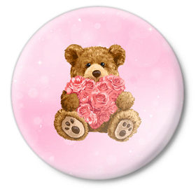 Значок с принтом Плюшевый медведь с сердечком в Кировске,  металл | круглая форма, металлическая застежка в виде булавки | арт | животные | картинка | медвежонок | мишка | плюшевый медведь | рисунок | розовые цветы | розочки | розы | сердечко | сердце | сердце из роз | цветы