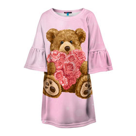 Детское платье 3D с принтом Плюшевый медведь с сердечком в Кировске, 100% полиэстер | прямой силуэт, чуть расширенный к низу. Круглая горловина, на рукавах — воланы | Тематика изображения на принте: арт | животные | картинка | медвежонок | мишка | плюшевый медведь | рисунок | розовые цветы | розочки | розы | сердечко | сердце | сердце из роз | цветы