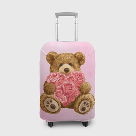 Чехол для чемодана 3D с принтом Плюшевый медведь с сердечком в Кировске, 86% полиэфир, 14% спандекс | двустороннее нанесение принта, прорези для ручек и колес | Тематика изображения на принте: арт | животные | картинка | медвежонок | мишка | плюшевый медведь | рисунок | розовые цветы | розочки | розы | сердечко | сердце | сердце из роз | цветы