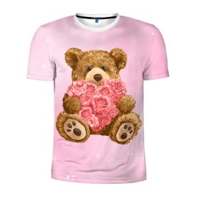 Мужская футболка 3D спортивная с принтом Плюшевый медведь с сердечком в Кировске, 100% полиэстер с улучшенными характеристиками | приталенный силуэт, круглая горловина, широкие плечи, сужается к линии бедра | арт | животные | картинка | медвежонок | мишка | плюшевый медведь | рисунок | розовые цветы | розочки | розы | сердечко | сердце | сердце из роз | цветы