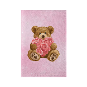 Обложка для паспорта матовая кожа с принтом Плюшевый медведь с сердечком в Кировске, натуральная матовая кожа | размер 19,3 х 13,7 см; прозрачные пластиковые крепления | арт | животные | картинка | медвежонок | мишка | плюшевый медведь | рисунок | розовые цветы | розочки | розы | сердечко | сердце | сердце из роз | цветы