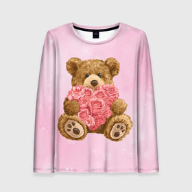 Женский лонгслив 3D с принтом Плюшевый медведь с сердечком в Кировске, 100% полиэстер | длинные рукава, круглый вырез горловины, полуприлегающий силуэт | арт | животные | картинка | медвежонок | мишка | плюшевый медведь | рисунок | розовые цветы | розочки | розы | сердечко | сердце | сердце из роз | цветы