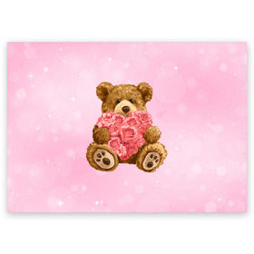 Поздравительная открытка с принтом Плюшевый медведь с сердечком в Кировске, 100% бумага | плотность бумаги 280 г/м2, матовая, на обратной стороне линовка и место для марки
 | Тематика изображения на принте: арт | животные | картинка | медвежонок | мишка | плюшевый медведь | рисунок | розовые цветы | розочки | розы | сердечко | сердце | сердце из роз | цветы