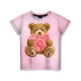 Детская футболка 3D с принтом Плюшевый медведь с сердечком в Кировске, 100% гипоаллергенный полиэфир | прямой крой, круглый вырез горловины, длина до линии бедер, чуть спущенное плечо, ткань немного тянется | Тематика изображения на принте: арт | животные | картинка | медвежонок | мишка | плюшевый медведь | рисунок | розовые цветы | розочки | розы | сердечко | сердце | сердце из роз | цветы