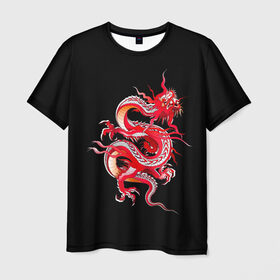 Мужская футболка 3D с принтом Дракон в Кировске, 100% полиэфир | прямой крой, круглый вырез горловины, длина до линии бедер | арт | дракон | дракоша | животные | картинка | китайский дракон | красный дракон | рисунок | японский дракон | ящер