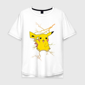 Мужская футболка хлопок Oversize с принтом Pikachu в Кировске, 100% хлопок | свободный крой, круглый ворот, “спинка” длиннее передней части | Тематика изображения на принте: anime | pikachu | pokemon | pokemon logo | аниме | анимэ | пика | пикачу | покемон | покемон постер | эш и пикачу | эш кетчум | япония | японский