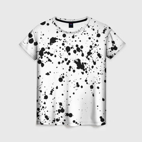 Женская футболка 3D с принтом Далматинец - брызги чёрными пятнами в Кировске, 100% полиэфир ( синтетическое хлопкоподобное полотно) | прямой крой, круглый вырез горловины, длина до линии бедер | брызги краски | далматинец | краска | пятно | с брызгами | черные пятна