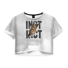 Женская футболка Crop-top 3D с принтом INSTINCT Инстинкт хищника тигр в Кировске, 100% полиэстер | круглая горловина, длина футболки до линии талии, рукава с отворотами | большая кошка. тигр | дикая природа | инстинкт | инстинкт выживания | кошка | лев | леопард | надпись | текст | фраза | хищник | хищница