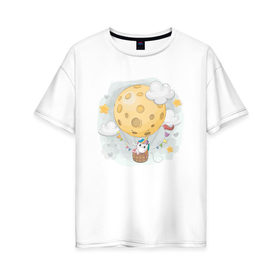 Женская футболка хлопок Oversize с принтом Единорог в космосе в Кировске, 100% хлопок | свободный крой, круглый ворот, спущенный рукав, длина до линии бедер
 | nasa | воздушный шар | единорог | звезды | космос | луна | милый | милый единорог