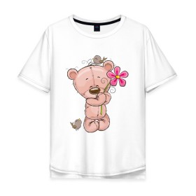 Мужская футболка хлопок Oversize с принтом Милый мишка с цветочком в Кировске, 100% хлопок | свободный крой, круглый ворот, “спинка” длиннее передней части | арт | воробушек | воробьи | животные | картинка | медведь | медвежонок | мишка | плюшевый мишка | подарок | птичка | рисунок | цветок | цветочки
