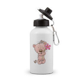 Бутылка спортивная с принтом Милый мишка с цветочком в Кировске, металл | емкость — 500 мл, в комплекте две пластиковые крышки и карабин для крепления | арт | воробушек | воробьи | животные | картинка | медведь | медвежонок | мишка | плюшевый мишка | подарок | птичка | рисунок | цветок | цветочки