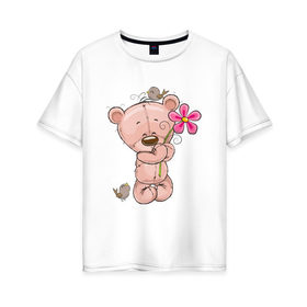 Женская футболка хлопок Oversize с принтом Милый мишка с цветочком в Кировске, 100% хлопок | свободный крой, круглый ворот, спущенный рукав, длина до линии бедер
 | арт | воробушек | воробьи | животные | картинка | медведь | медвежонок | мишка | плюшевый мишка | подарок | птичка | рисунок | цветок | цветочки