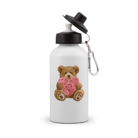 Бутылка спортивная с принтом Плюшевый медведь с сердечком в Кировске, металл | емкость — 500 мл, в комплекте две пластиковые крышки и карабин для крепления | арт | животные | картинка | медвежонок | мишка | плюшевый медведь | рисунок | розовые цветы | розочки | розы | сердечко | сердце | сердце из роз | цветы
