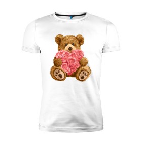 Мужская футболка премиум с принтом Плюшевый медведь с сердечком в Кировске, 92% хлопок, 8% лайкра | приталенный силуэт, круглый вырез ворота, длина до линии бедра, короткий рукав | арт | животные | картинка | медвежонок | мишка | плюшевый медведь | рисунок | розовые цветы | розочки | розы | сердечко | сердце | сердце из роз | цветы