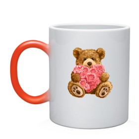 Кружка хамелеон с принтом Плюшевый медведь с сердечком в Кировске, керамика | меняет цвет при нагревании, емкость 330 мл | арт | животные | картинка | медвежонок | мишка | плюшевый медведь | рисунок | розовые цветы | розочки | розы | сердечко | сердце | сердце из роз | цветы