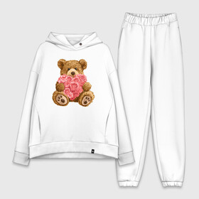 Женский костюм хлопок Oversize с принтом Плюшевый медведь с сердечком в Кировске,  |  | арт | животные | картинка | медвежонок | мишка | плюшевый медведь | рисунок | розовые цветы | розочки | розы | сердечко | сердце | сердце из роз | цветы