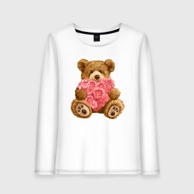 Женский лонгслив хлопок с принтом Плюшевый медведь с сердечком в Кировске, 100% хлопок |  | арт | животные | картинка | медвежонок | мишка | плюшевый медведь | рисунок | розовые цветы | розочки | розы | сердечко | сердце | сердце из роз | цветы