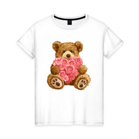Женская футболка хлопок с принтом Плюшевый медведь с сердечком в Кировске, 100% хлопок | прямой крой, круглый вырез горловины, длина до линии бедер, слегка спущенное плечо | арт | животные | картинка | медвежонок | мишка | плюшевый медведь | рисунок | розовые цветы | розочки | розы | сердечко | сердце | сердце из роз | цветы