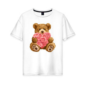 Женская футболка хлопок Oversize с принтом Плюшевый медведь с сердечком в Кировске, 100% хлопок | свободный крой, круглый ворот, спущенный рукав, длина до линии бедер
 | арт | животные | картинка | медвежонок | мишка | плюшевый медведь | рисунок | розовые цветы | розочки | розы | сердечко | сердце | сердце из роз | цветы