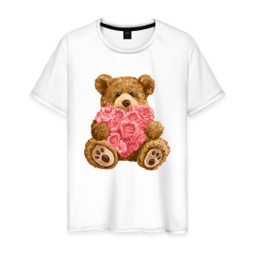 Мужская футболка хлопок с принтом Плюшевый медведь с сердечком в Кировске, 100% хлопок | прямой крой, круглый вырез горловины, длина до линии бедер, слегка спущенное плечо. | арт | животные | картинка | медвежонок | мишка | плюшевый медведь | рисунок | розовые цветы | розочки | розы | сердечко | сердце | сердце из роз | цветы