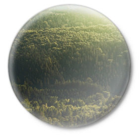 Значок с принтом Летний лес в Кировске,  металл | круглая форма, металлическая застежка в виде булавки | дерево | деревья | зеленый | лес | лето | небо | облако | солнце | темный | ярко