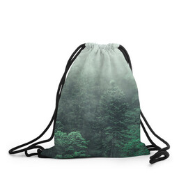 Рюкзак-мешок 3D с принтом Туманный лес в Кировске, 100% полиэстер | плотность ткани — 200 г/м2, размер — 35 х 45 см; лямки — толстые шнурки, застежка на шнуровке, без карманов и подкладки | дерево | деревья | зеленый | лес | облака | облако | снег | темный