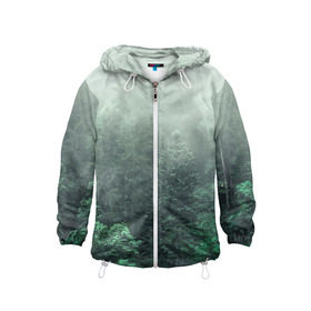 Детская ветровка 3D с принтом Туманный лес в Кировске, 100% полиэстер | подол и капюшон оформлены резинкой с фиксаторами, по бокам два кармана без застежек, один потайной карман на груди | дерево | деревья | зеленый | лес | облака | облако | снег | темный