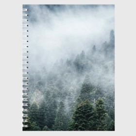 Тетрадь с принтом Туманный лес в Кировске, 100% бумага | 48 листов, плотность листов — 60 г/м2, плотность картонной обложки — 250 г/м2. Листы скреплены сбоку удобной пружинной спиралью. Уголки страниц и обложки скругленные. Цвет линий — светло-серый
 | Тематика изображения на принте: белый | зеленый | лес | облака | облако | природа | темный | туман