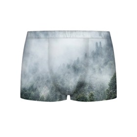 Мужские трусы 3D с принтом Туманный лес в Кировске, 50% хлопок, 50% полиэстер | классическая посадка, на поясе мягкая тканевая резинка | Тематика изображения на принте: белый | зеленый | лес | облака | облако | природа | темный | туман