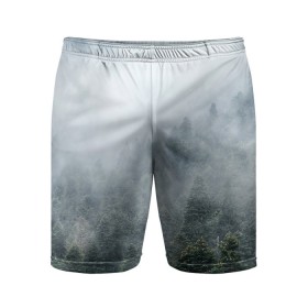 Мужские шорты спортивные с принтом Туманный лес в Кировске,  |  | Тематика изображения на принте: белый | зеленый | лес | облака | облако | природа | темный | туман
