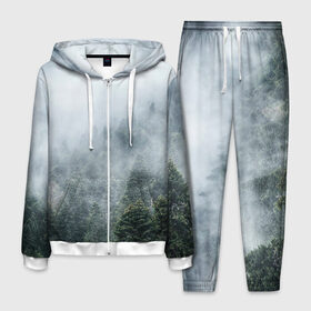Мужской костюм 3D с принтом Туманный лес в Кировске, 100% полиэстер | Манжеты и пояс оформлены тканевой резинкой, двухслойный капюшон со шнурком для регулировки, карманы спереди | Тематика изображения на принте: белый | зеленый | лес | облака | облако | природа | темный | туман