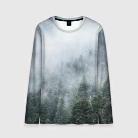 Мужской лонгслив 3D с принтом Туманный лес в Кировске, 100% полиэстер | длинные рукава, круглый вырез горловины, полуприлегающий силуэт | белый | зеленый | лес | облака | облако | природа | темный | туман