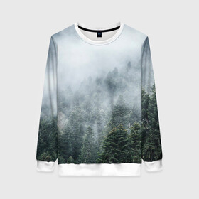 Женский свитшот 3D с принтом Туманный лес в Кировске, 100% полиэстер с мягким внутренним слоем | круглый вырез горловины, мягкая резинка на манжетах и поясе, свободная посадка по фигуре | белый | зеленый | лес | облака | облако | природа | темный | туман