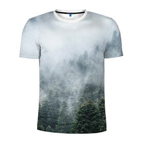 Мужская футболка 3D спортивная с принтом Туманный лес в Кировске, 100% полиэстер с улучшенными характеристиками | приталенный силуэт, круглая горловина, широкие плечи, сужается к линии бедра | белый | зеленый | лес | облака | облако | природа | темный | туман